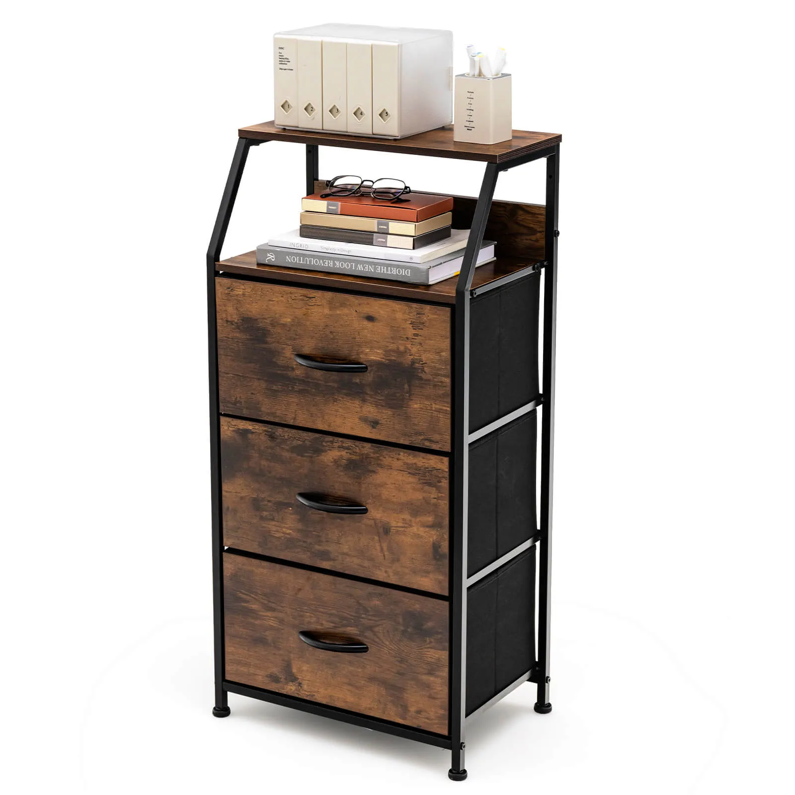 3 Drawer Organizer Unit with Wooden Top and Front-Brown