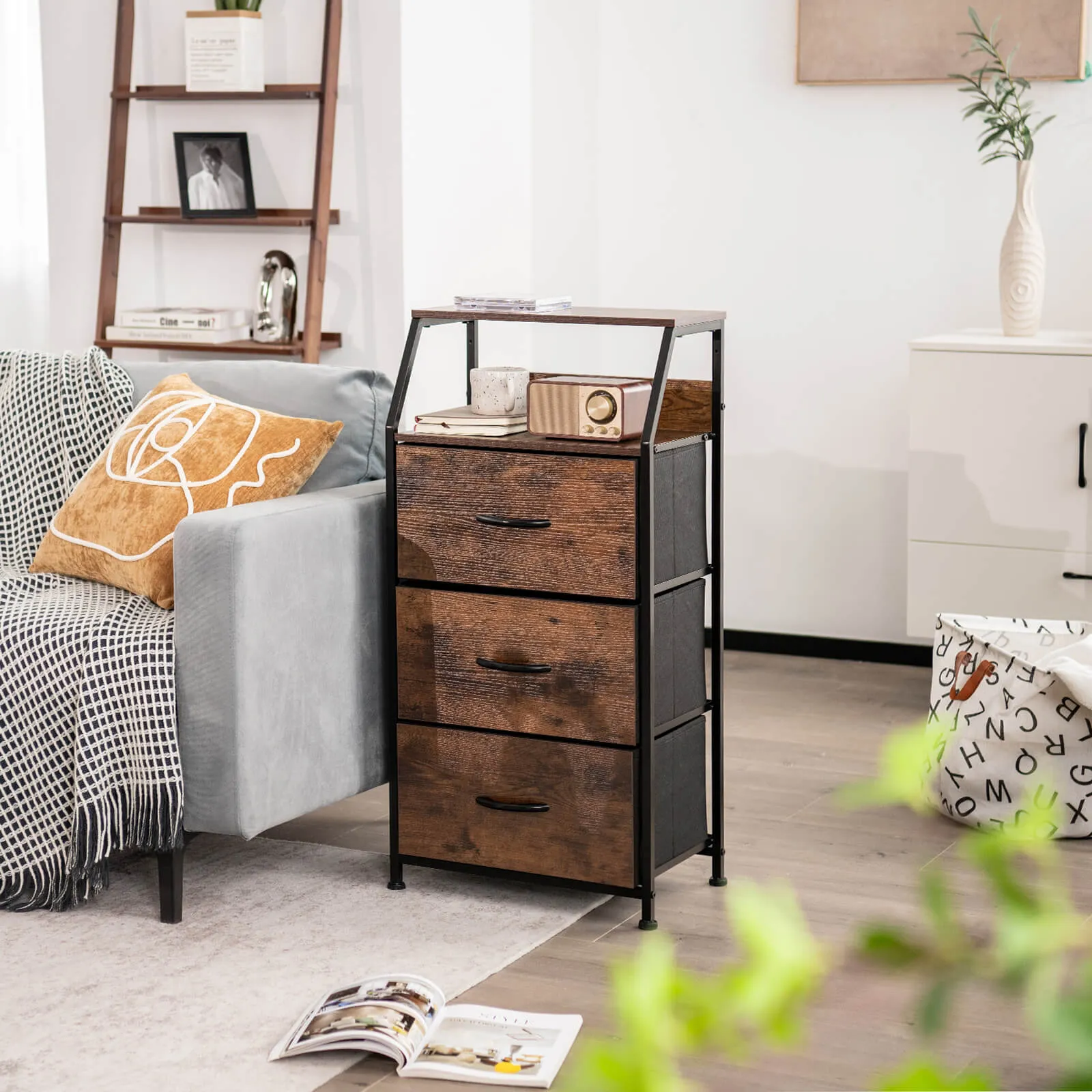 3 Drawer Organizer Unit with Wooden Top and Front-Brown