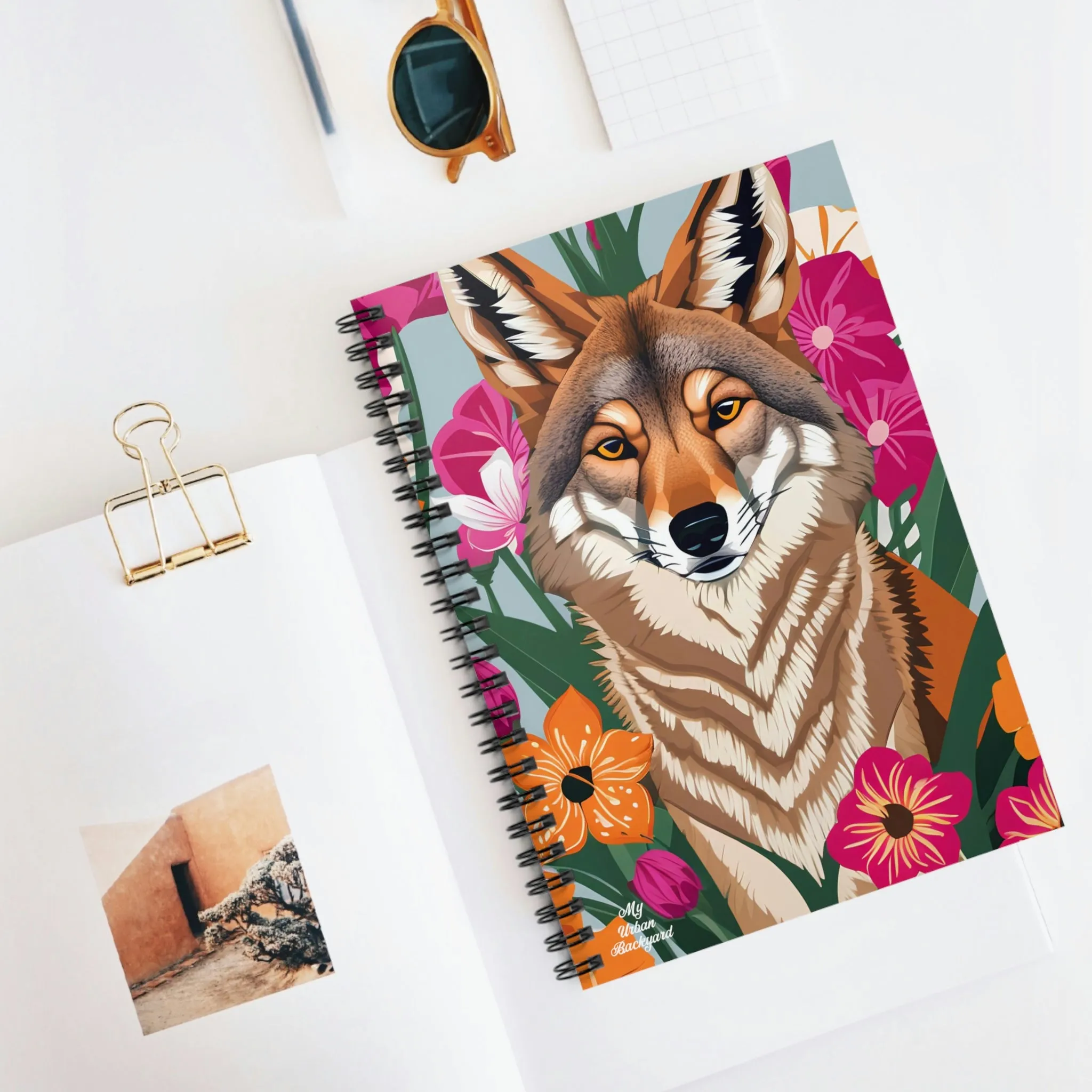 Coyote and Vibrant Flowers, Spiral Notebook Journal - Write in Style