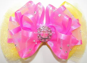 Glitzy Hot Pink Yellow Tutu Hair Bow