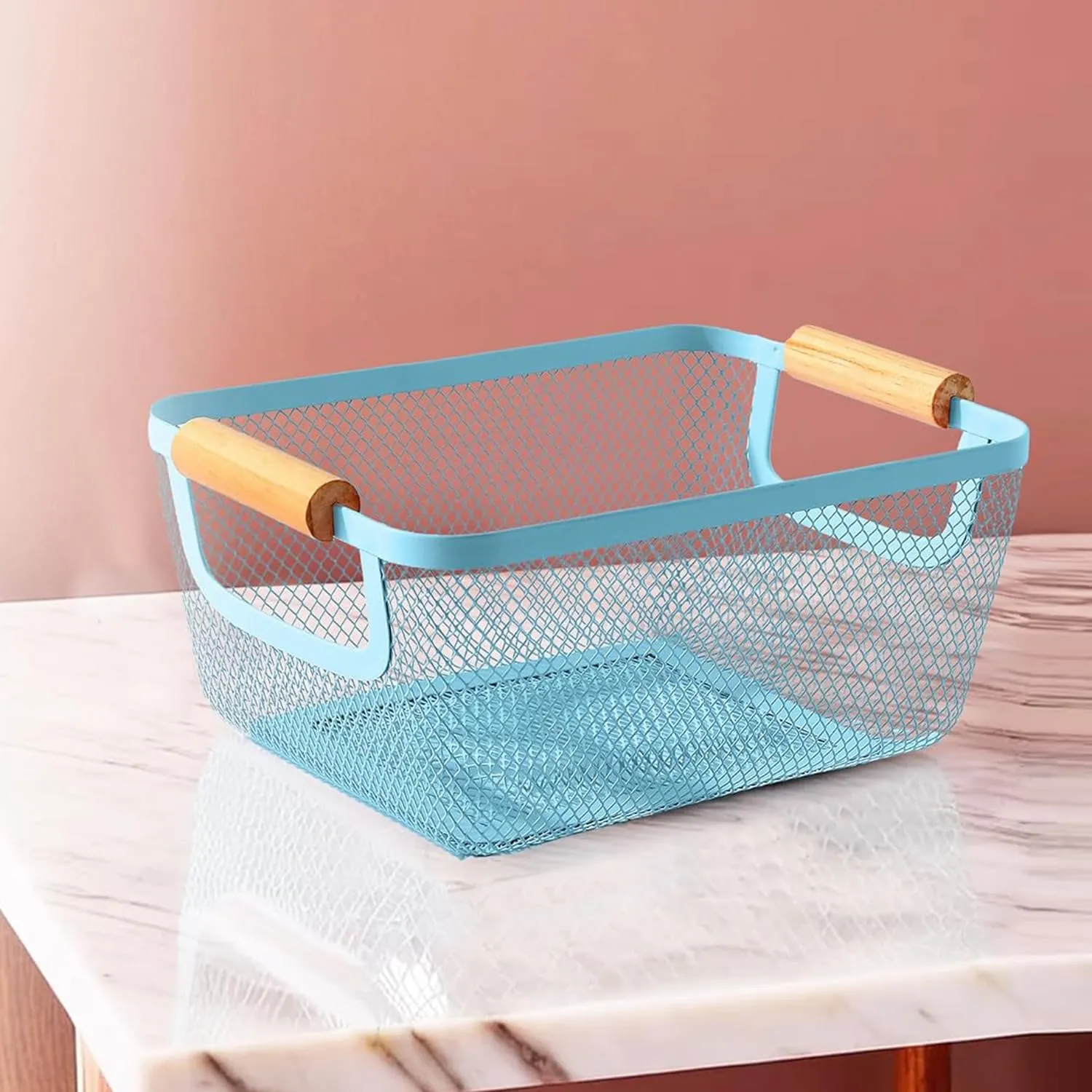 Kuber Industries Metal Mesh Basket for storage with wooden handle | 280gm | Fruit basket for kitchen | Kitchen Organizer | Baskets for organizing home & Kitchen | Multipurpose | Blue