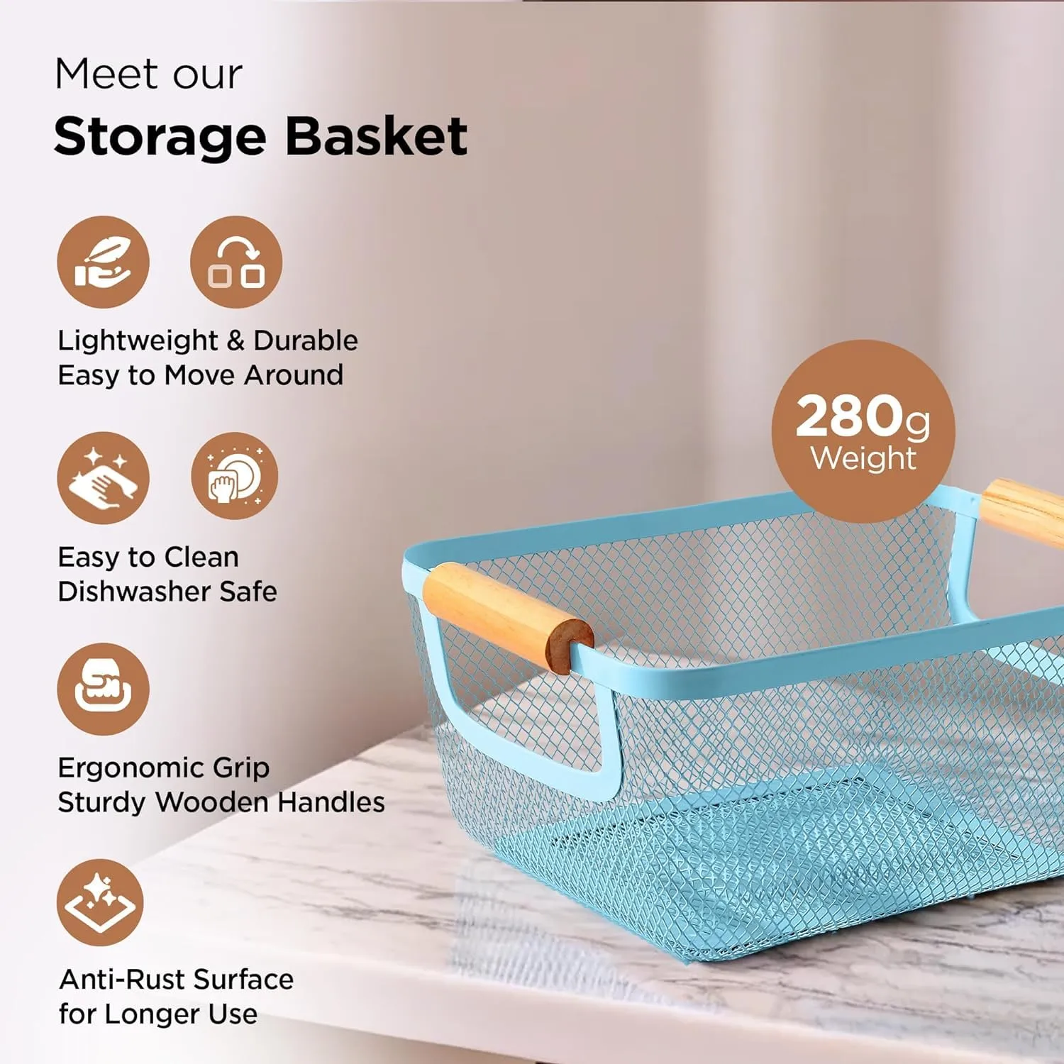 Kuber Industries Metal Mesh Basket for storage with wooden handle | 280gm | Fruit basket for kitchen | Kitchen Organizer | Baskets for organizing home & Kitchen | Multipurpose | Blue