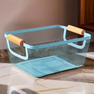 Kuber Industries Metal Mesh Basket for storage with wooden handle | 280gm | Fruit basket for kitchen | Kitchen Organizer | Baskets for organizing home & Kitchen | Multipurpose | Blue