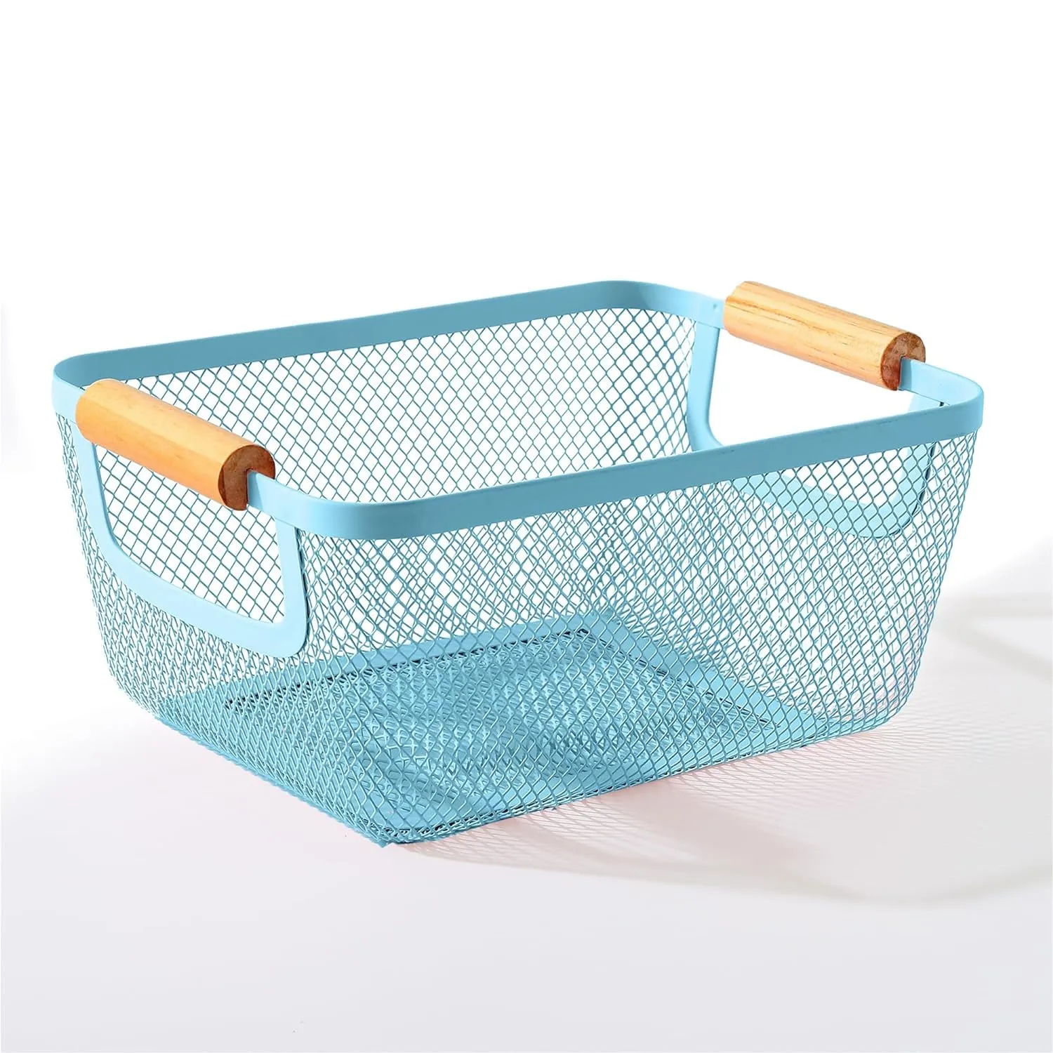 Kuber Industries Metal Mesh Basket for storage with wooden handle | 280gm | Fruit basket for kitchen | Kitchen Organizer | Baskets for organizing home & Kitchen | Multipurpose | Blue