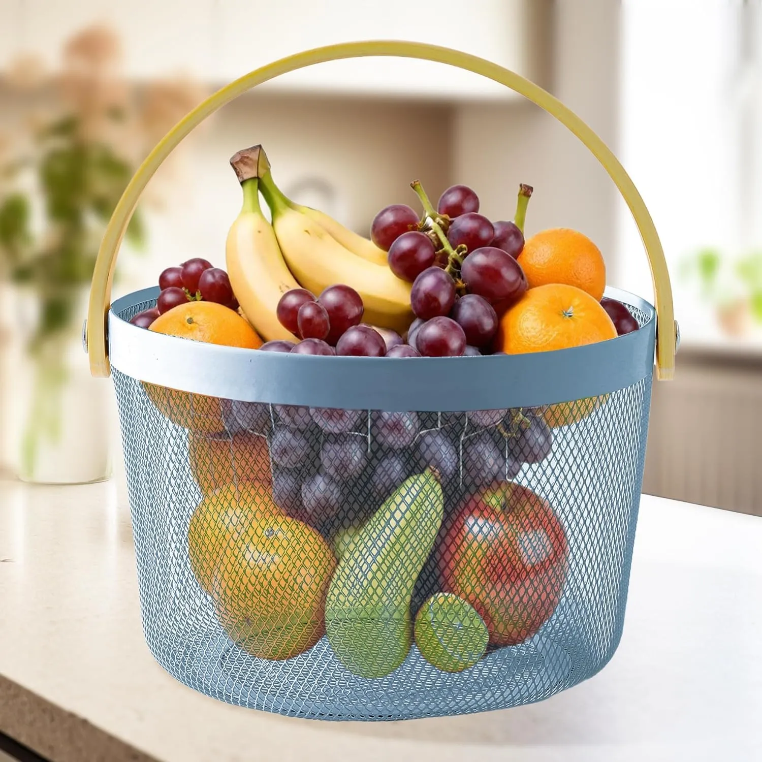 Kuber Industries Metal Mesh Basket for Storage with wooden handle | 400 Gm | Fruit Basket and Vegetable Basket | Kitchen Organizer | Baskets for Organizing Home and Kitchen | Multipurpose | Blue |