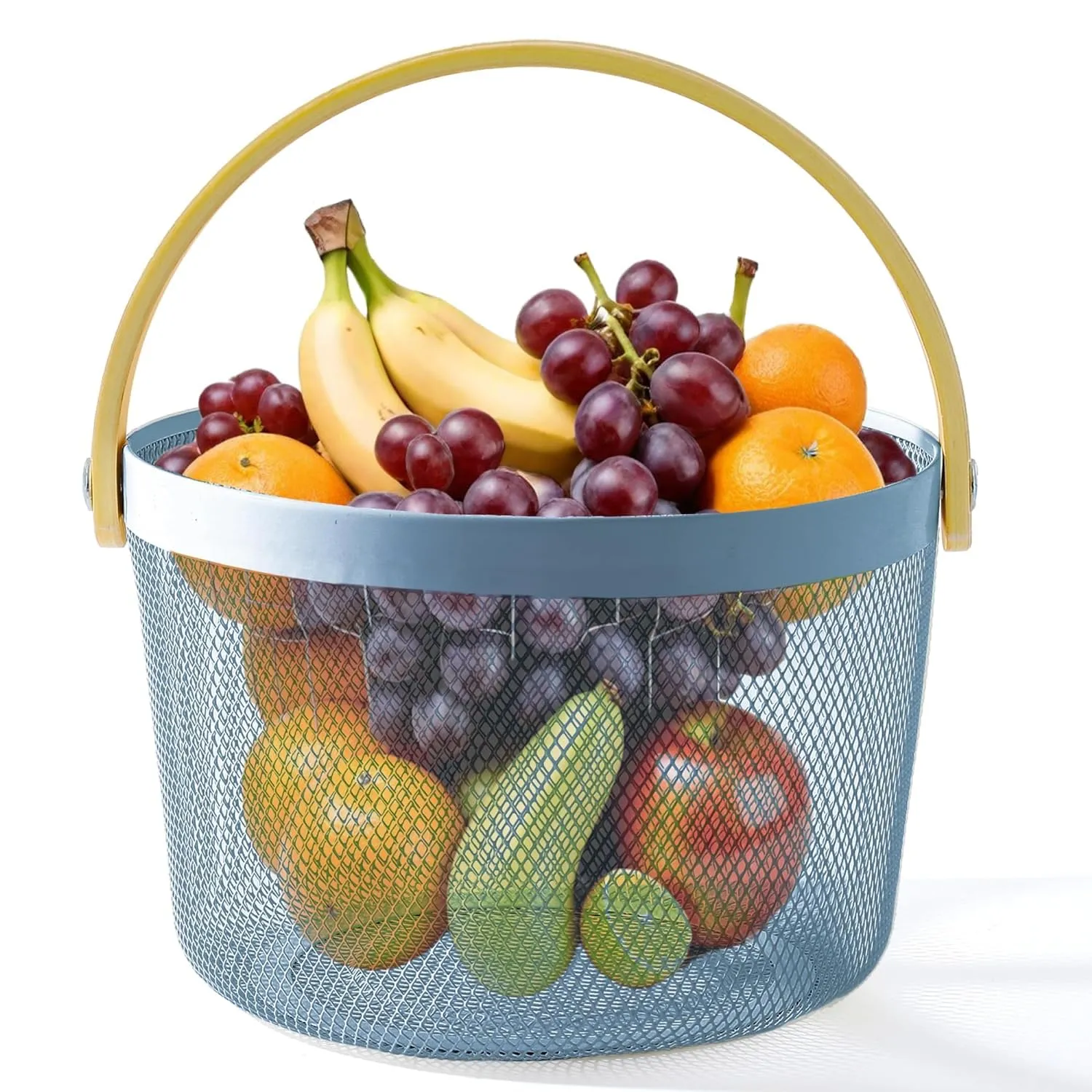 Kuber Industries Metal Mesh Basket for Storage with wooden handle | 400 Gm | Fruit Basket and Vegetable Basket | Kitchen Organizer | Baskets for Organizing Home and Kitchen | Multipurpose | Blue |