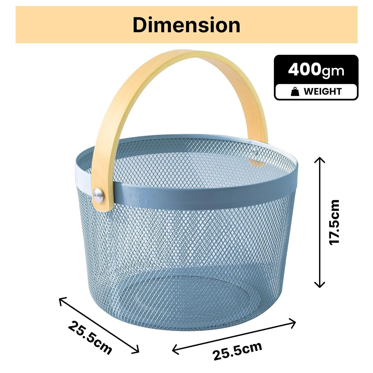 Kuber Industries Metal Mesh Basket for Storage with wooden handle | 400 Gm | Fruit Basket and Vegetable Basket | Kitchen Organizer | Baskets for Organizing Home and Kitchen | Multipurpose | Blue |