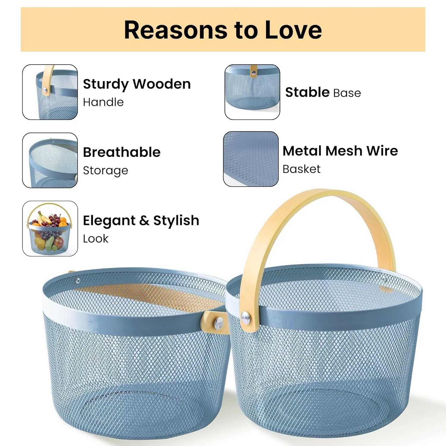 Kuber Industries Metal Mesh Basket for Storage with wooden handle | 400 Gm | Fruit Basket and Vegetable Basket | Kitchen Organizer | Baskets for Organizing Home and Kitchen | Multipurpose | Blue |