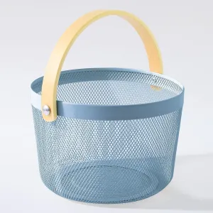 Kuber Industries Metal Mesh Basket for Storage with wooden handle | 400 Gm | Fruit Basket and Vegetable Basket | Kitchen Organizer | Baskets for Organizing Home and Kitchen | Multipurpose | Blue |