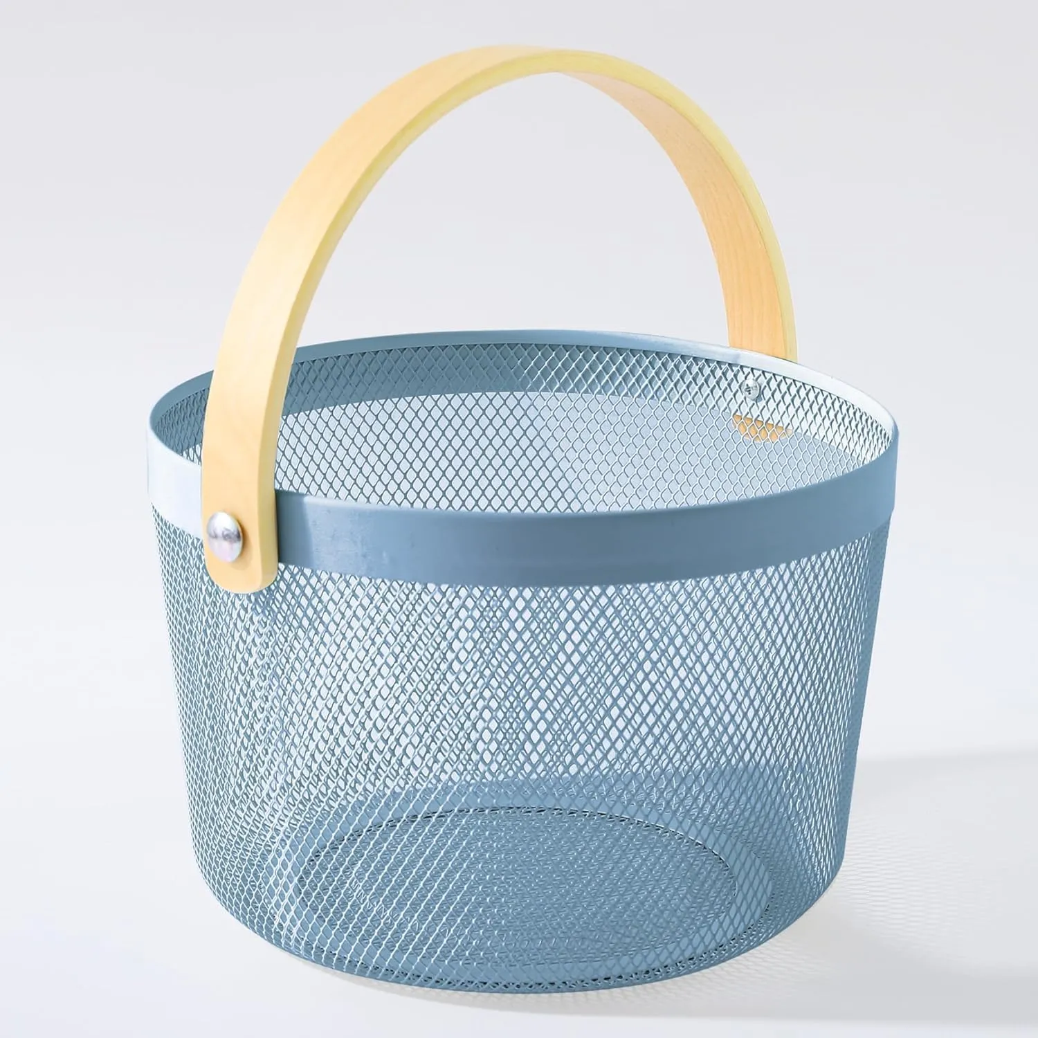 Kuber Industries Metal Mesh Basket for Storage with wooden handle | 400 Gm | Fruit Basket and Vegetable Basket | Kitchen Organizer | Baskets for Organizing Home and Kitchen | Multipurpose | Blue |