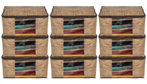 Kuber Industries Wooden Design Non-Woven Sarees, Clothes Cover/Organizer With Transparent Window- Pack of 9 (Brown)-44KM0390