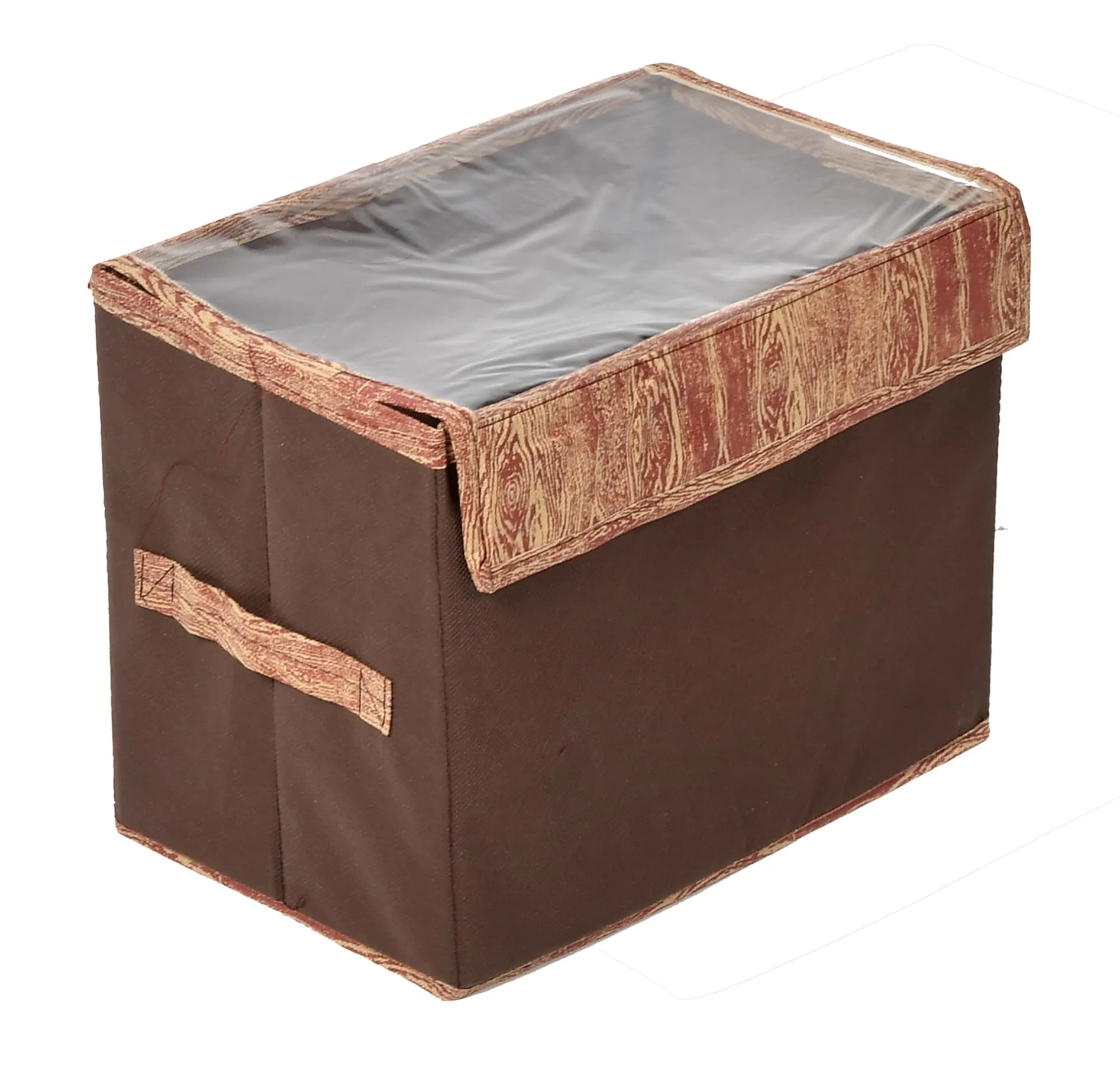 Kuber Industries Wooden Design Non-Woven Storage Box/Bin|Tranasparent Lid & Durable Handle|Storage Box For Clothes|Storage Box For Toys (Brown)