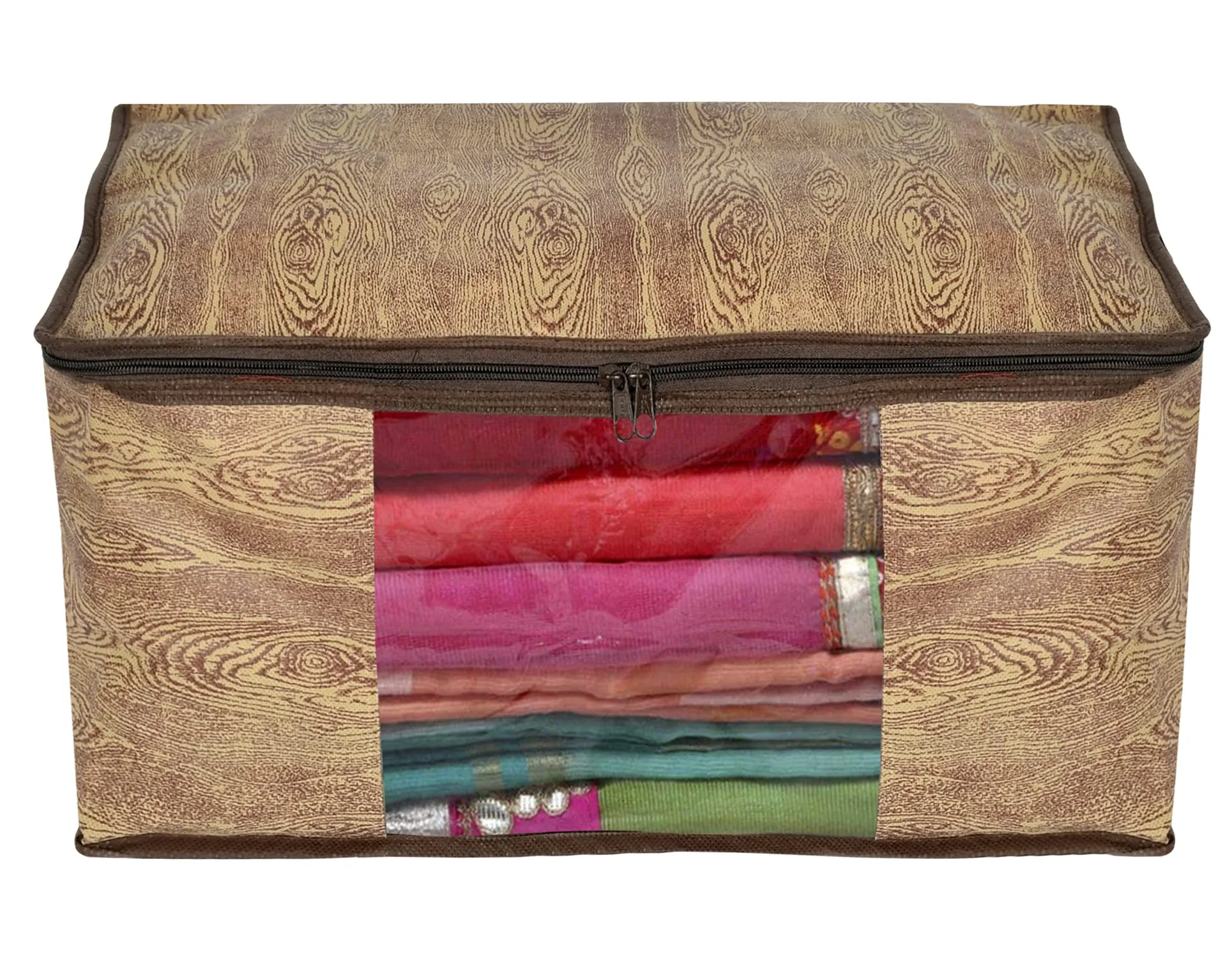 Kuber Industries Wooden Print 12 Piece Non Woven Fabric Saree Cover Set with Transparent Window, Extra Large (Brown)