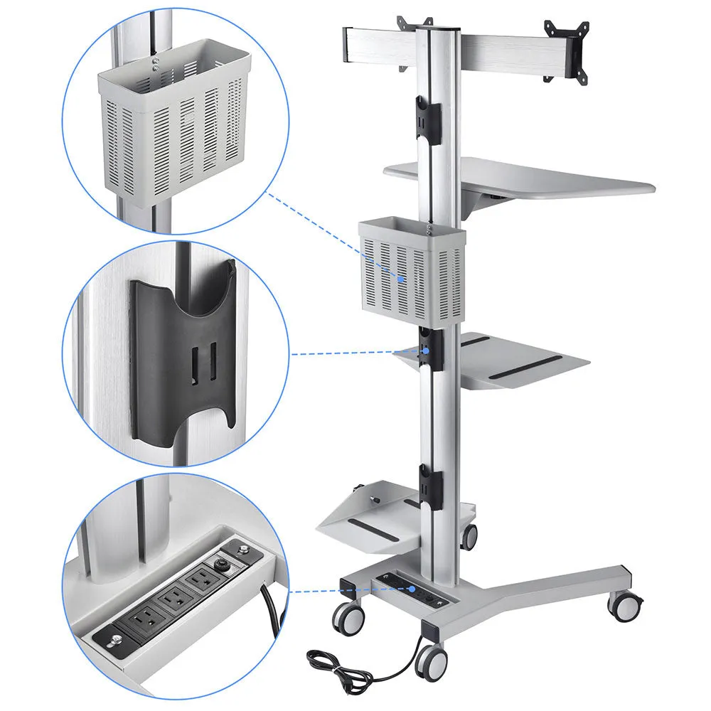 Mobile Computer Cart with Power Dual Monitor Mount