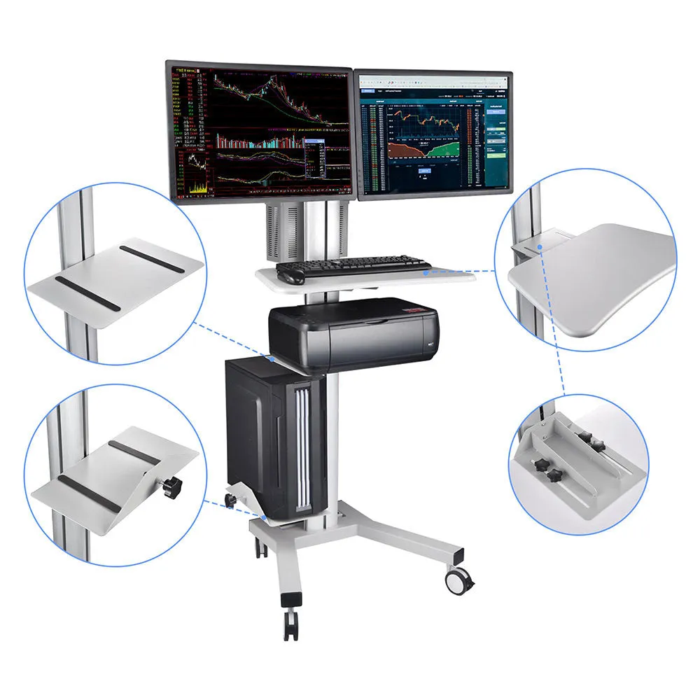 Mobile Computer Cart with Power Dual Monitor Mount