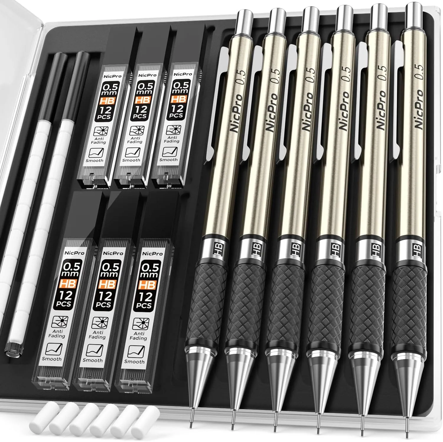 Nicpro 0.5 mm Art Mechanical Pencils Set in Gift Case, 6 PCS Metal Drafting Pencil 0.5mm with 6 Tube HB Lead Refills & 18 PCS Eraser Refills for Adults, Children, Artist Writing, Drawing, Sketching