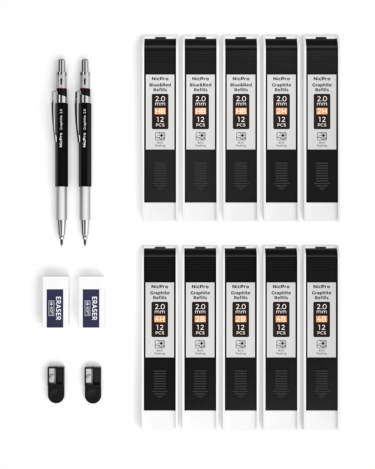 Nicpro 2mm Metal Mechanical Pencil Set, 2PCS 2.0 mm Artist Pencil with 10 Tube Graphite Lead Refill HB, 2H, 4H, 2B, 4B, 2 Eraser, 2 Sharpener for Draft Drawing, Writing, Crafting, Art Sketching