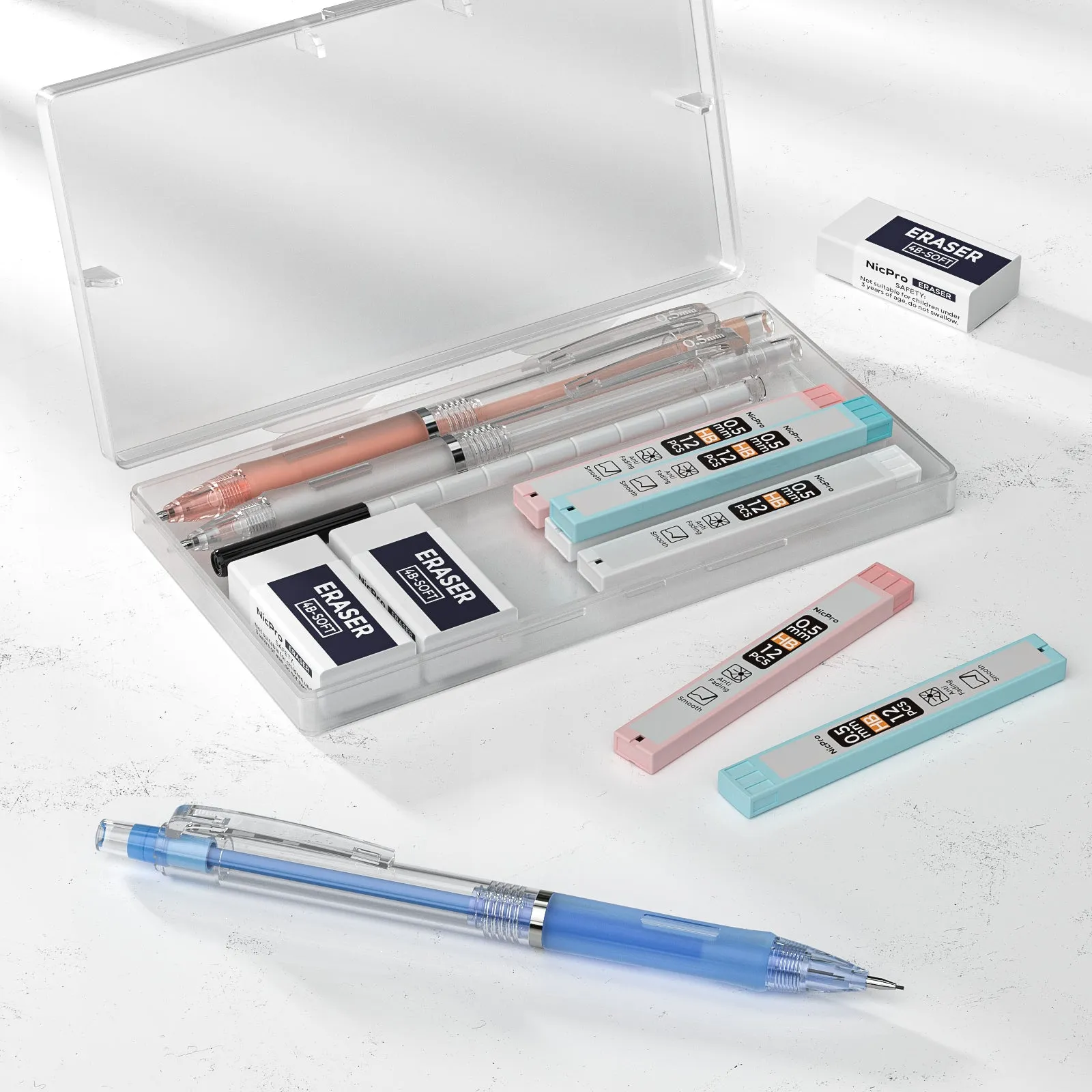 Nicpro 3 PCS Pastel Mechanical Pencil 0.5 with Case for School, with 6 tubes HB Lead Refills, 3 x Erasers, 9 x Eraser Refills for Student Writing, Drawing, Sketching, Blue & Pink & White Colors