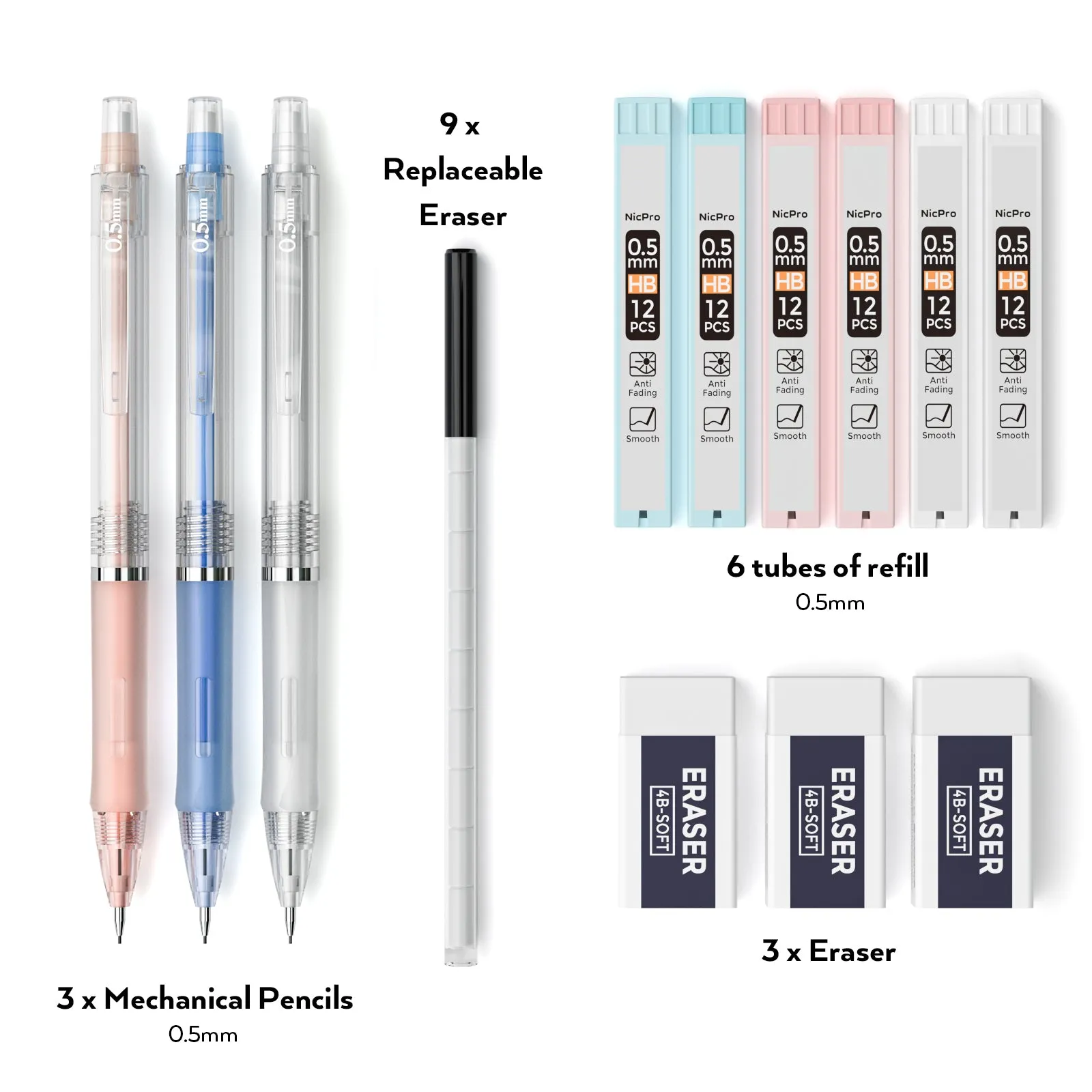 Nicpro 3 PCS Pastel Mechanical Pencil 0.5 with Case for School, with 6 tubes HB Lead Refills, 3 x Erasers, 9 x Eraser Refills for Student Writing, Drawing, Sketching, Blue & Pink & White Colors