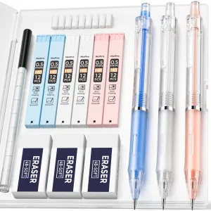 Nicpro 3 PCS Pastel Mechanical Pencil 0.5 with Case for School, with 6 tubes HB Lead Refills, 3 x Erasers, 9 x Eraser Refills for Student Writing, Drawing, Sketching, Blue & Pink & White Colors