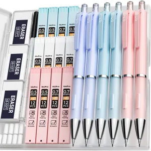 Nicpro 6 PCS Pastel Mechanical Pencil 0.5 & 0.7 mm for School, with 12 tubes HB Lead Refills, Erasers, Eraser Refills For Student Writing, Drawing, Sketching, Blue & Pink & violet Colors - with Case