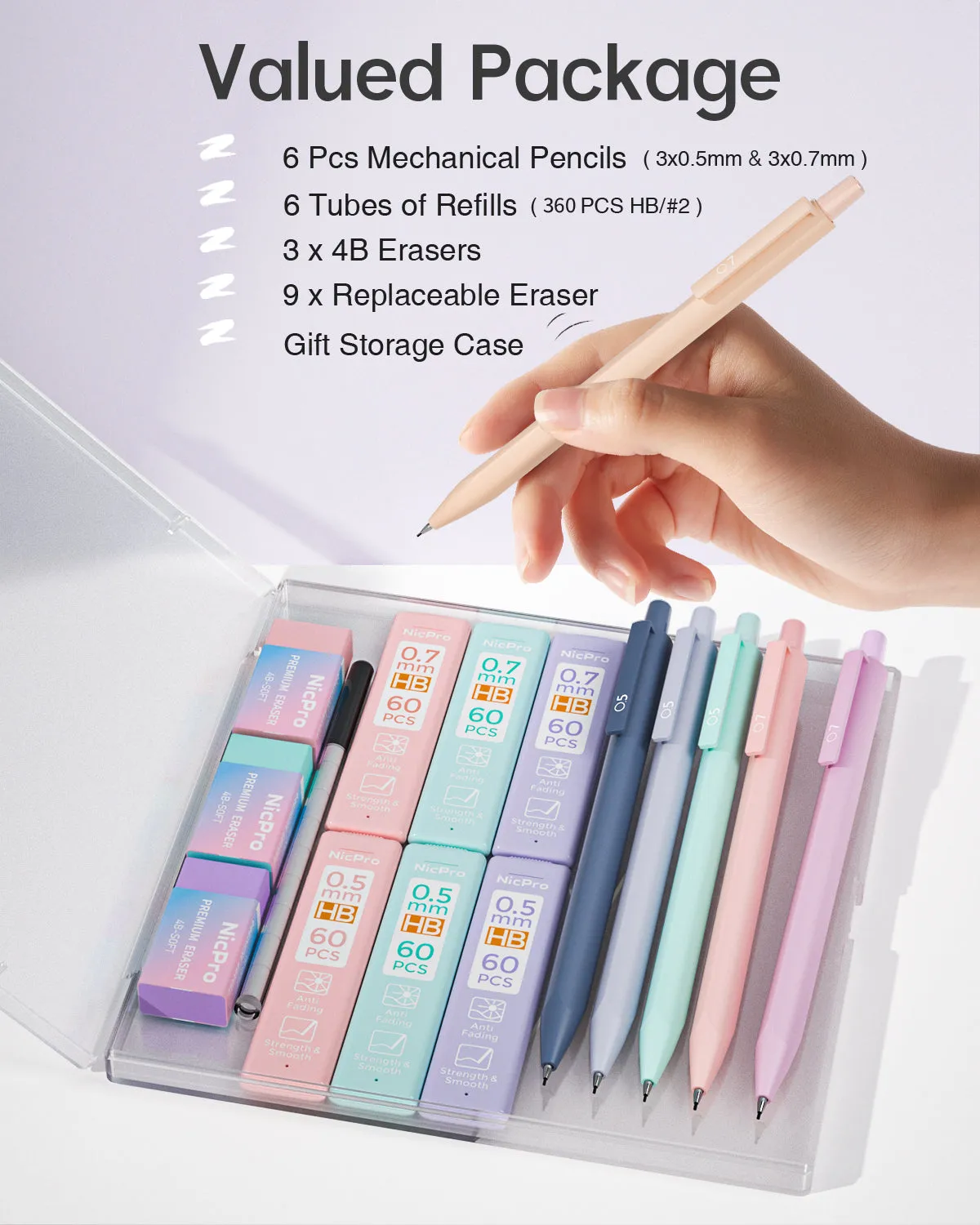 Nicpro 6Pcs Pastel Mechanical Pencil Set, 0.5 & 0.7 mm with 6 Tubes HB Lead Refill, 3Pcs Eraser and 9Pcs Eraser Refill - with Cute Case