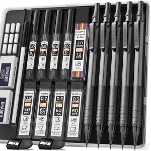 Nicpro Black Art Mechanical Pencil Set, 5PCS Metal Drafting Pencils 0.3, 0.5, 0.7, 0.9, 2mm Lead Pencil Holder (4B 2B HB 2H Colored Lead) For Writing Sketching Drawing With 9 Lead Refills Eraser Case