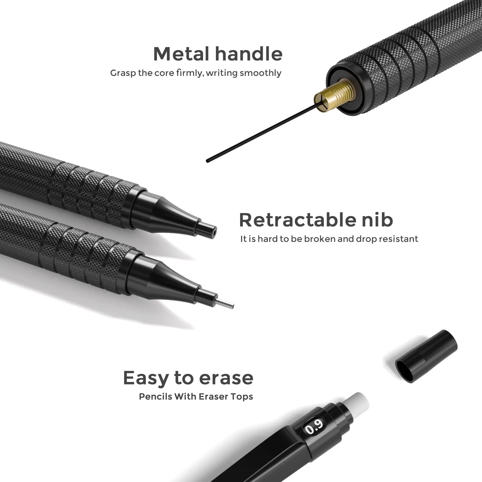 Nicpro Metal 0.9 mm Mechanical Pencils Set with Case, 3PCS Black 0.9mm Drafting Pencil, 6 Tubes HB Lead Refills, 3PCS Erasers, Erasers Refills for Adults, Children, Artist Writing, Drawing, Sketching