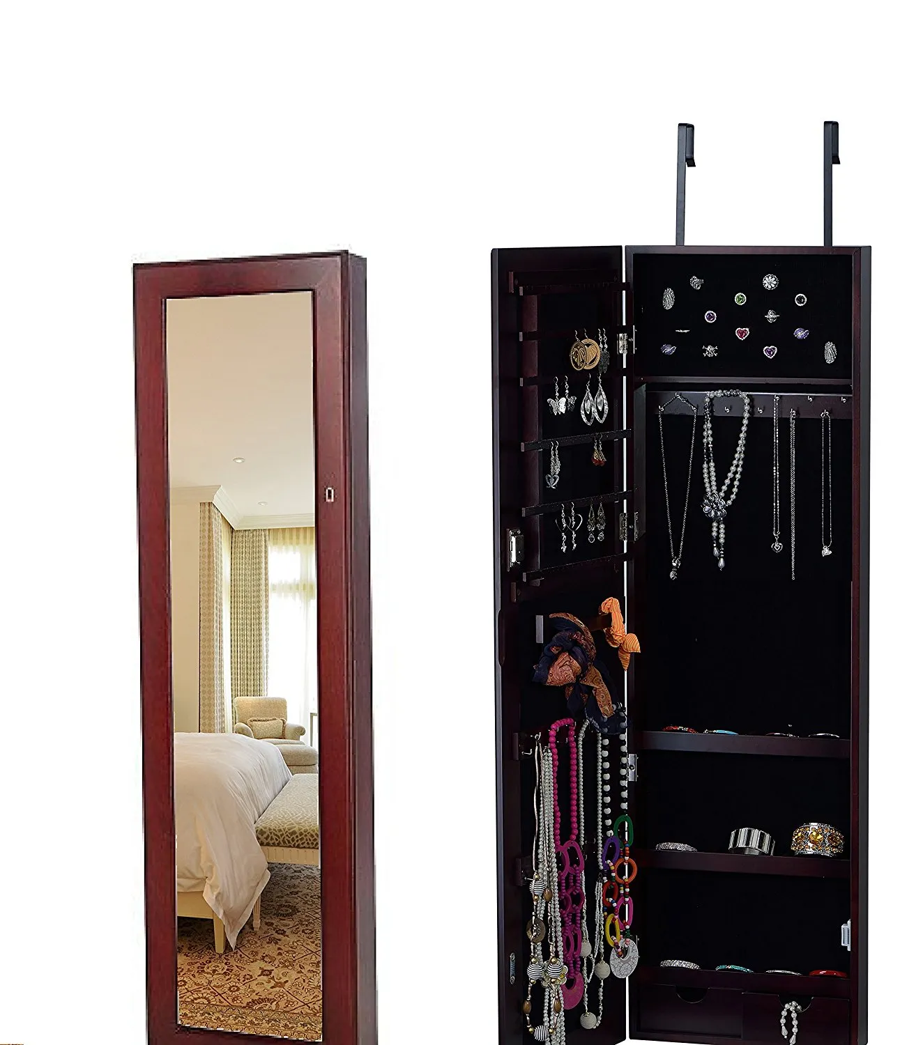 Wall mount Over the Door Wooden Jewelry Armoire Cherry