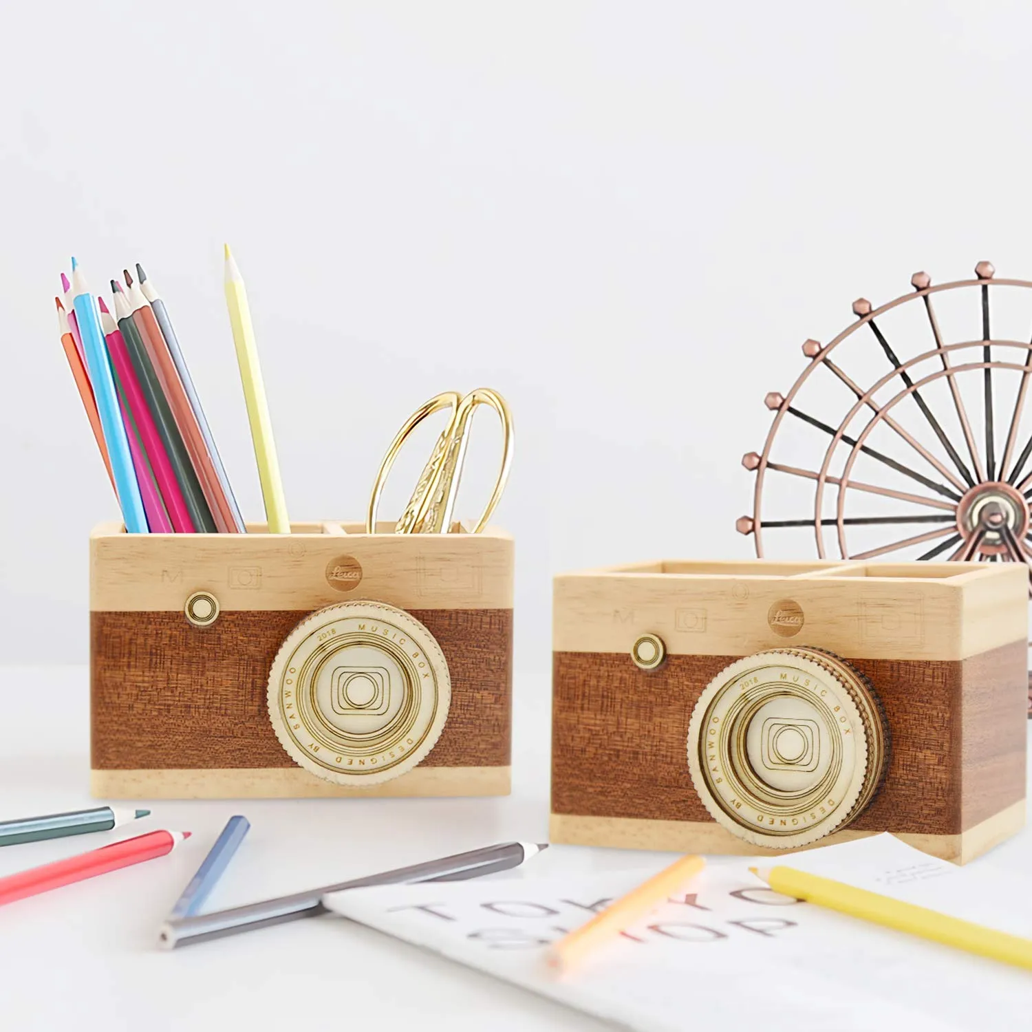 Wooden Camera Pencil Holder